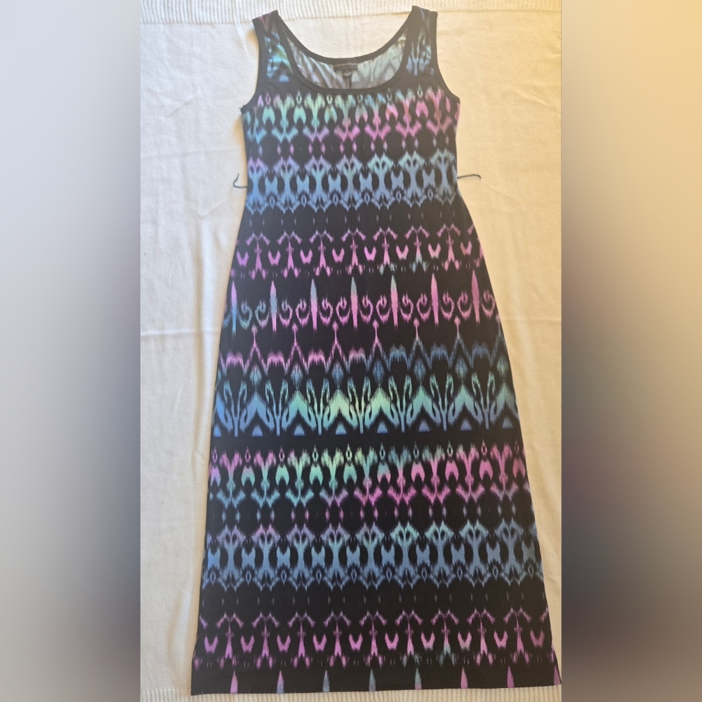 Connected Apparel Black Ikat Pastel Print Sleeveless Maxi Dress Sz 12 Boho